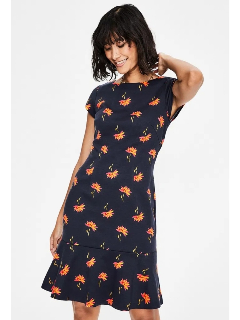 Boden Navy Blue Floral Rosetta Ponte Short Sleeve Dress Size 18 LONG